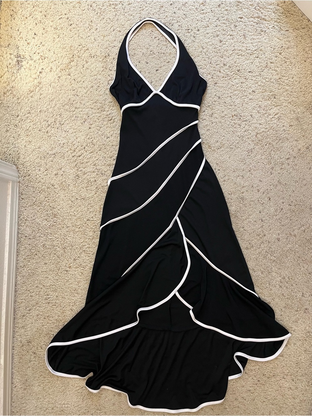 Vintage 90s/00s La Belle Black Halter High-Low Maxi Dress with White Trim